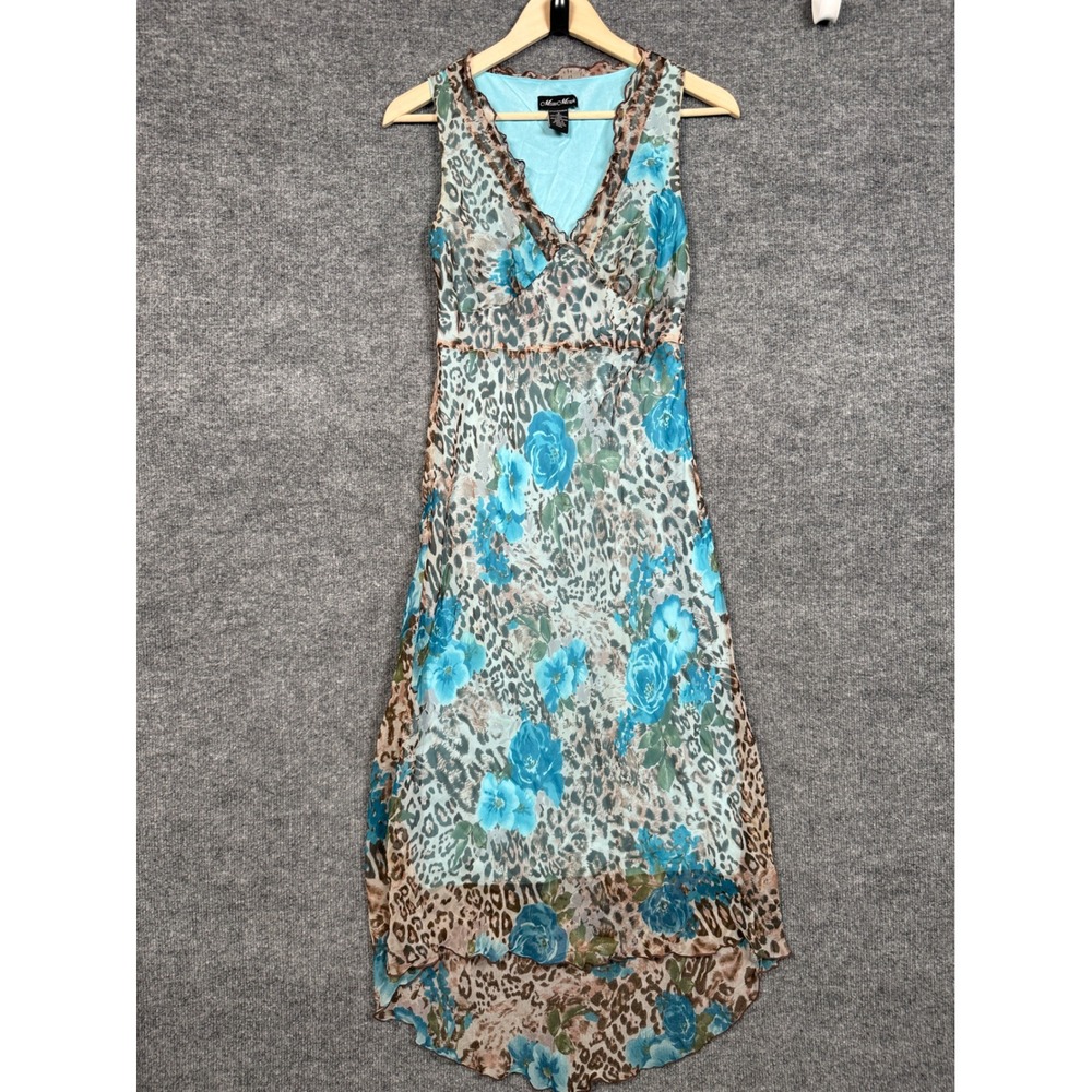 Y2K Meghan Matthews Size 4 Midi Shift Dress Blue Animal Print Ruffled Sleeveless